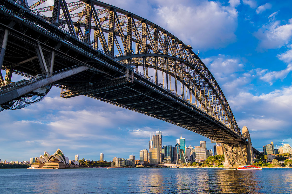 Sydney Harbour Bridge, wide shot of harbour with Opera House in background